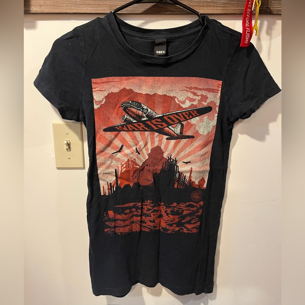Obey Black and Red Womens Tee with Airplane Graphic